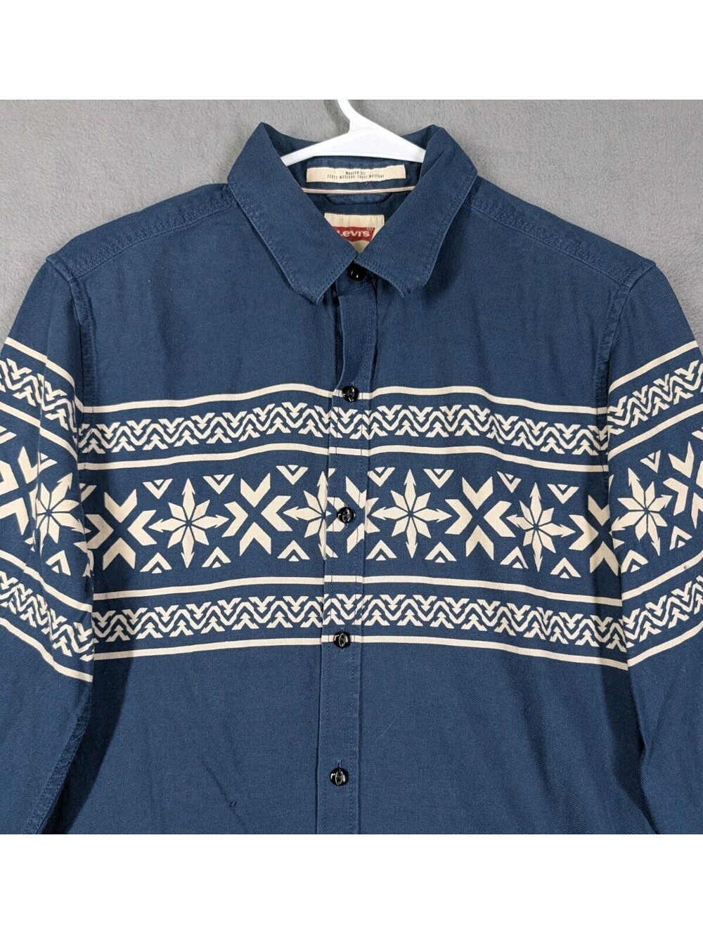 Levis Mens Small Blue Fair Isle Snowflake Nordic Long Sleeve Button Up Shirt Ski